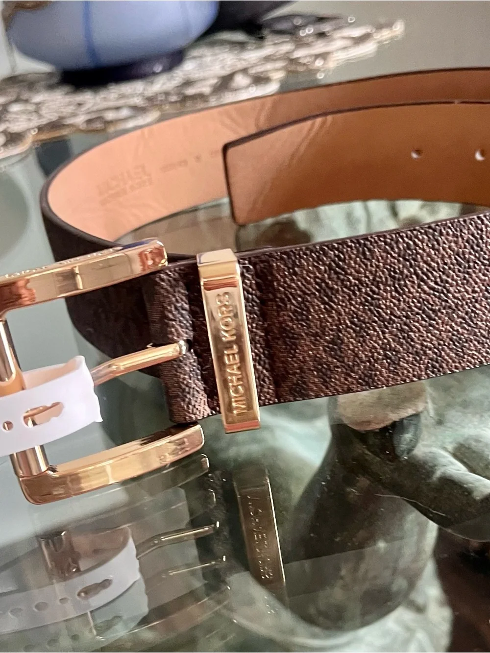 MICHAEL KORS Brown Logo Buckle Belt with Gold Hardware